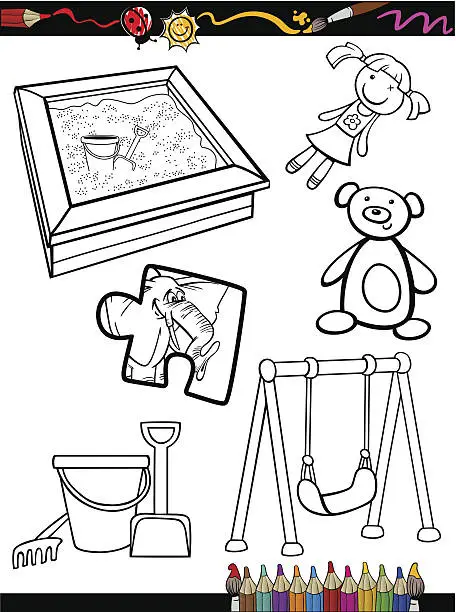 Vector illustration of cartoon toys objects coloring page