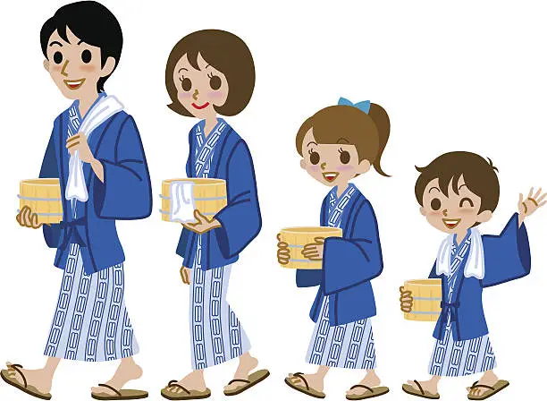 Vector illustration of Japanese family, wearing onsen yukata