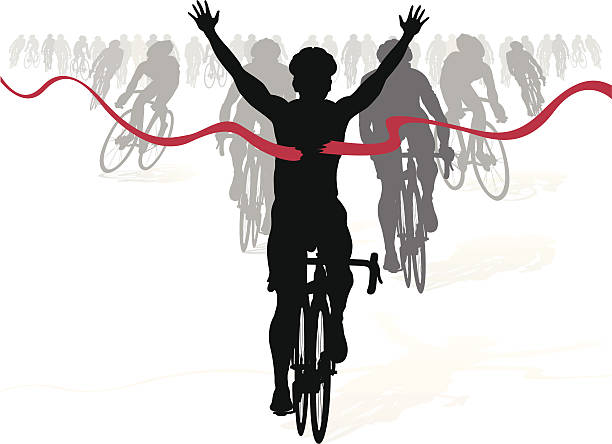 zwycięzca rowerzystą przecina linię mety w wyścigu - track cycling stock illustrations
