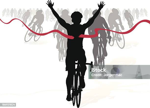 Vencer Ciclista Atravessa A Linha De Chegada Em Uma Corrida - Arte vetorial de stock e mais imagens de Ciclismo