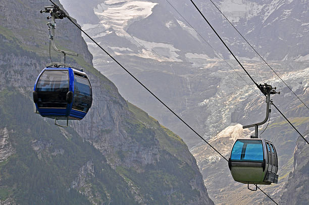 Grindelwald, Switzerland -August 6, 2022: Overhead cable car to First mountain, Grindelwald, Switzerland
