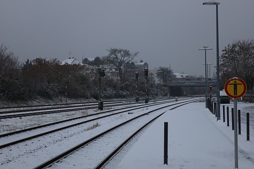Bad Kreuznach, Germany, December 06, 2023, Railway track full with snow.