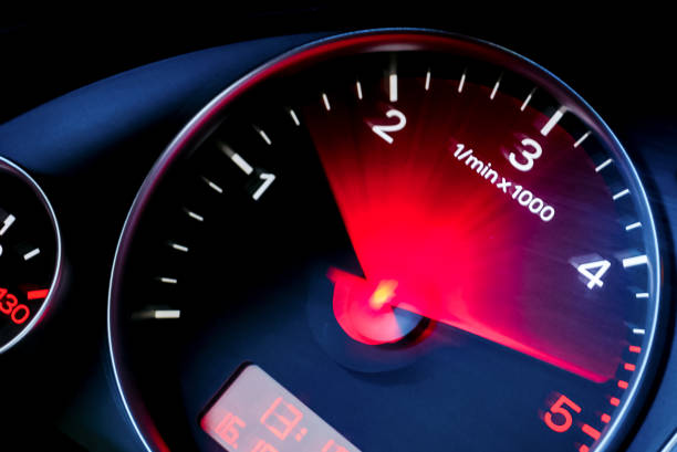 istock Motion blur of a car instrument panel dashboard odometer with red illuminated display.Car speedometer. High speed car speedometer and motion blur at night. 1869332657