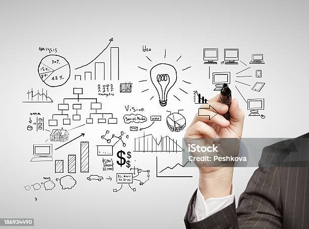 Illustrations Of Ideas Written On A White Board Stock Photo - Download Image Now - Adult, Brainstorming, Business