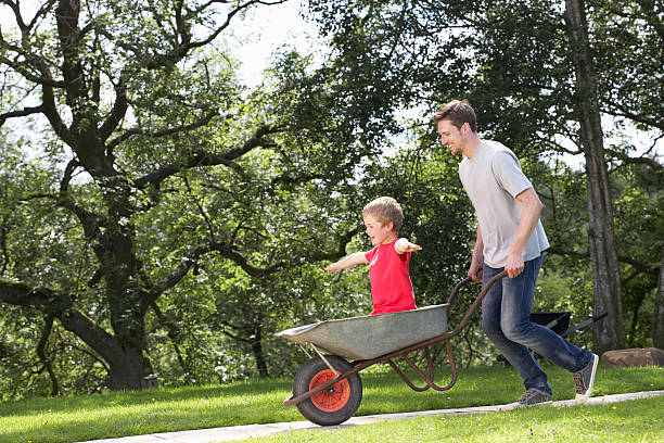 istock Father Giving Son Ride In Wheelbarrow 186936892