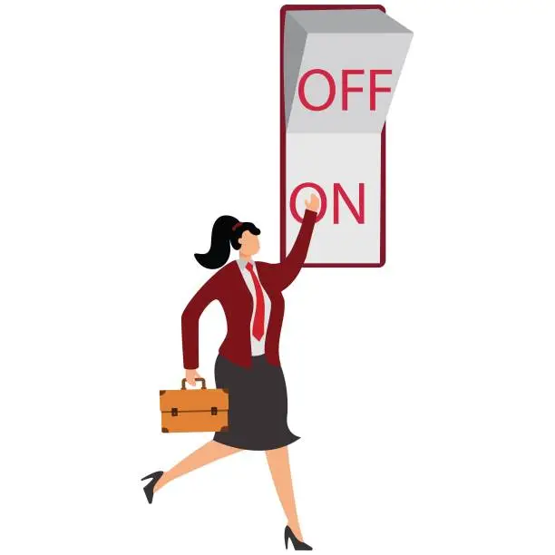 Vector illustration of Businesswoman, Push Button, Keypad, Red, Pushing, Turning On Or Off,