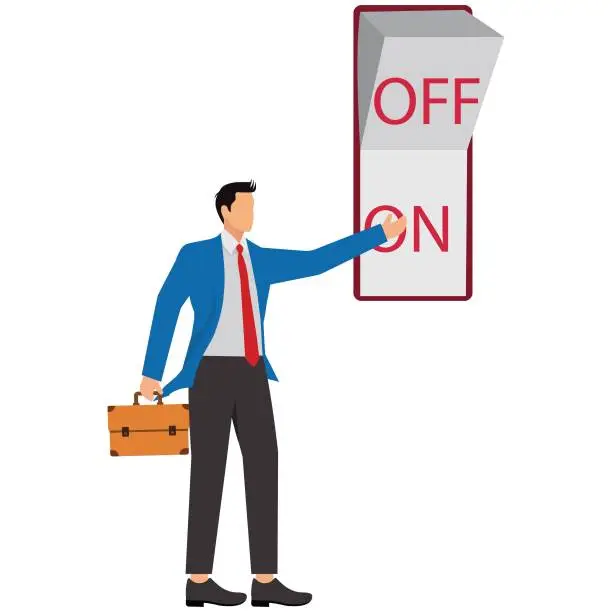 Vector illustration of Businessman, Push Button, Keypad, Red, Pushing, Turning On Or Off,