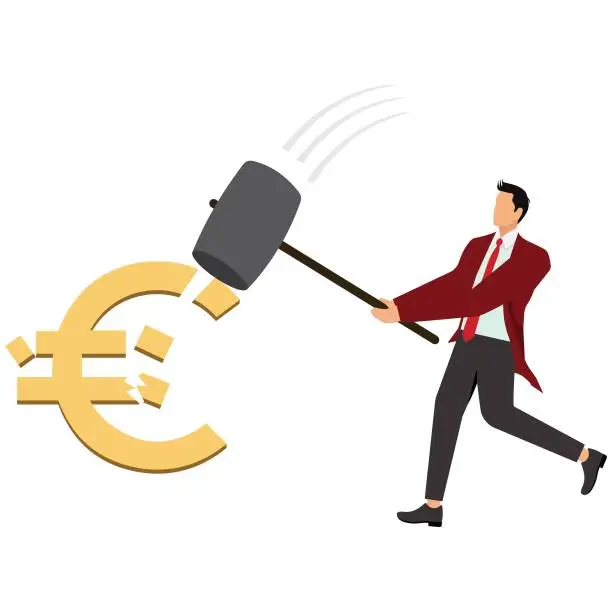 Vector illustration of Recession, European Union Currency, Euro Symbol, Cracked, Breaking, Businessman