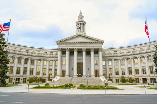 Wide angle view of the Denver City and County building, the city hall of Denver, built in the beaux arts / neoclassical style.