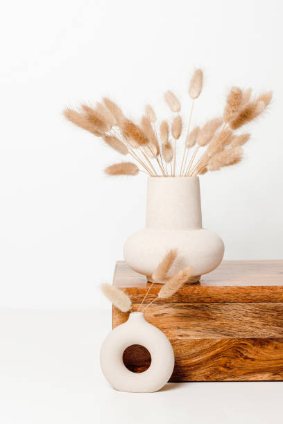 istock Ceramic vase set with lagurus grass on wooden storage box at white wall background 1869396520