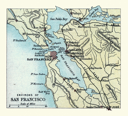 Vintage illustration Old antique map of San Francisco, California, USA, Oakland, 1890s, 19th Century