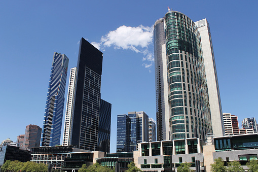 Low angle view of Eureka Tower, Freshwater Place and Crown Towers skyscraper buildings, Melbourne, Australia, 12 October 2014.