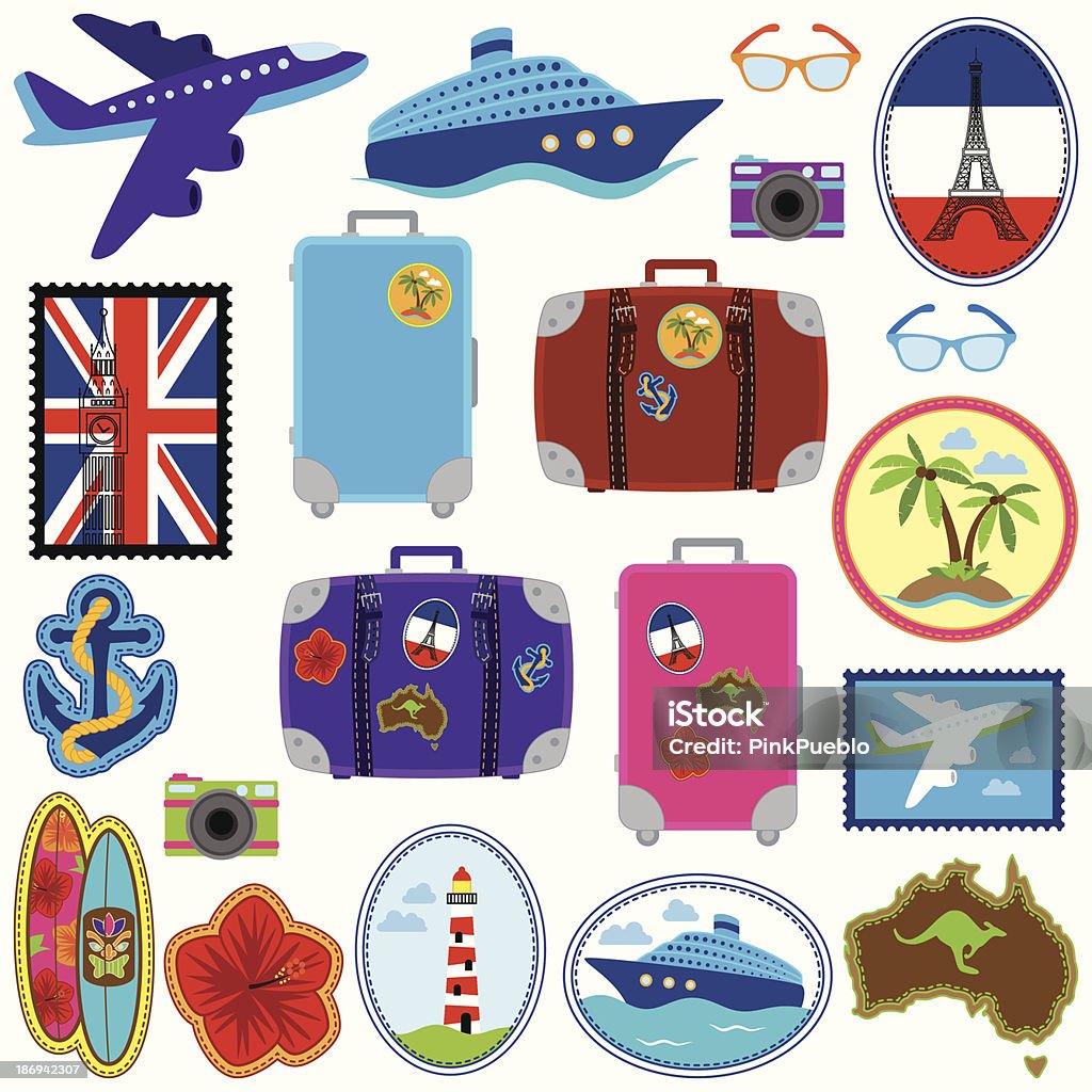 Vector coleção de viagens autocolantes, selos, emblemas e elementos - Royalty-free Travel Stickers arte vetorial