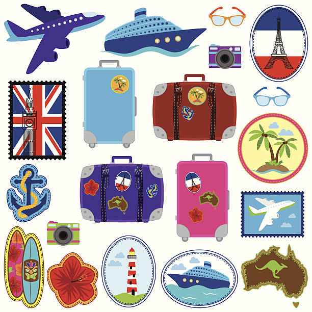 ilustrações, clipart, desenhos animados e ícones de vector conjunto de adesivos de viagem, selos e emblemas e elementos - flying uk england international landmark