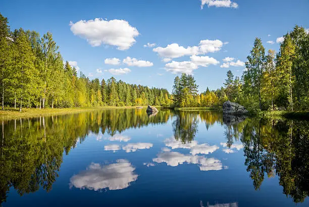 harmonious picture of a tranquil lake with reflections of trees and sky