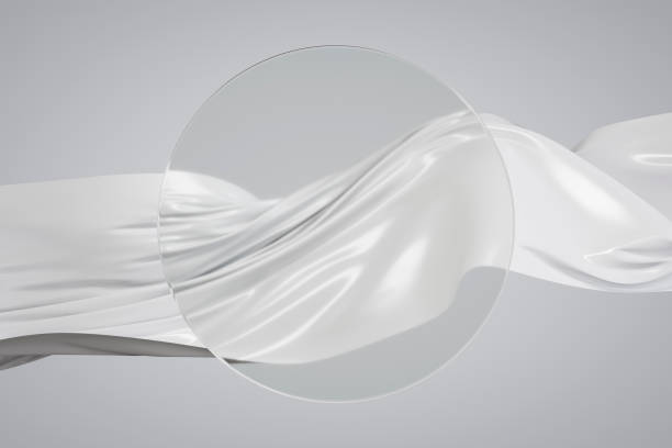 Flying fabric with transparent circle frame, place for text or product, 3d abstract futuristic background. Digitally generated image.