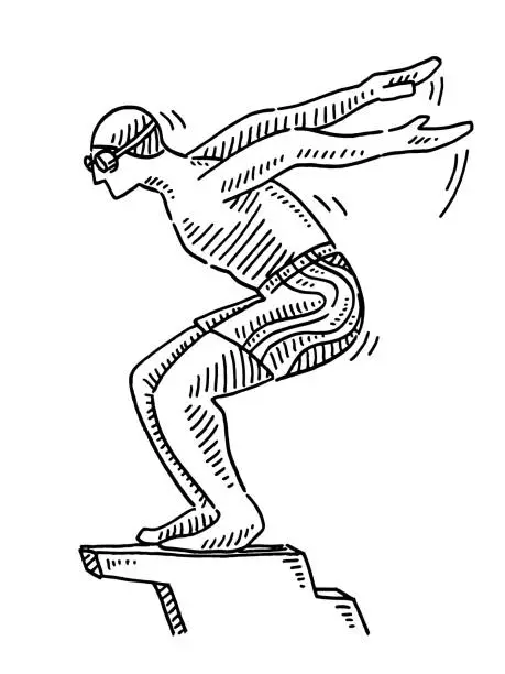 Vector illustration of Swimmer On Starting Block Drawing