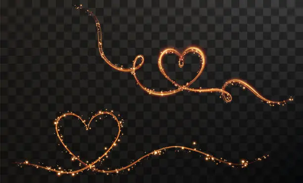 Vector illustration of Heart gold with flashes isolated on transparent background. Light heart for holiday cards, banners, invitations. Heart-shaped gold wire glow.