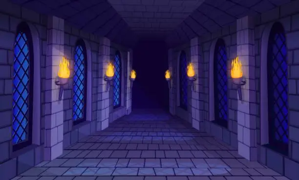 Vector illustration of Castle corridor. Medieval castles game dungeon, stone bricks wall burning fire torch inside prison cave old temple scary church maze ancient mansion ingenious vector illustration