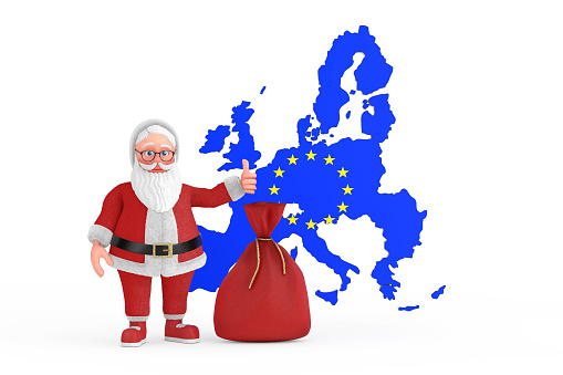 Happy Christmas and New Year Greeting Concept. Cartoon Cheerful Santa Claus Granpa with Gift Bag in Front of European Union Map on white background. 3d Rendering