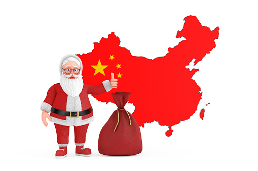 Happy Christmas and New Year Greeting Concept. Cartoon Cheerful Santa Claus Granpa with Gift Bag in Front of China Map on white background. 3d Rendering