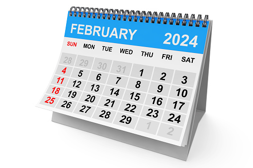 2024 Year February Calendar on a white background. 3d Rendering