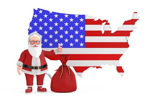 Happy Christmas and New Year Greeting Concept. Cartoon Cheerful Santa Claus Granpa with Gift Bag in Front of USA Map on white background. 3d Rendering