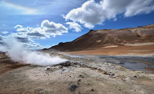 Namafjall, Gjaldskylda, Iceland - 2nd July 2022:Fumarole gas rising producing sulphuric acid