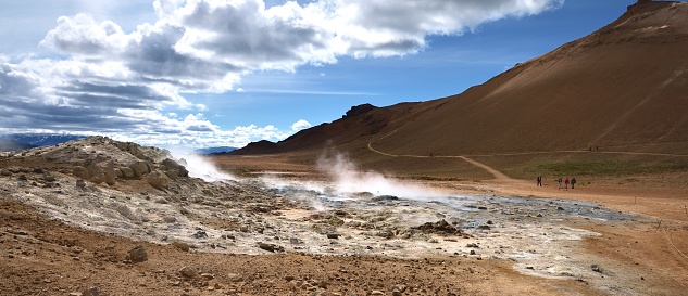 Namafjall, Gjaldskylda, Iceland - 2nd July 2022:Fumarole gas rising producing sulphuric acid