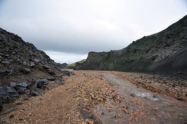 The southwest Iceland, Glacier river against volcanic scenery in Landmannalaugar