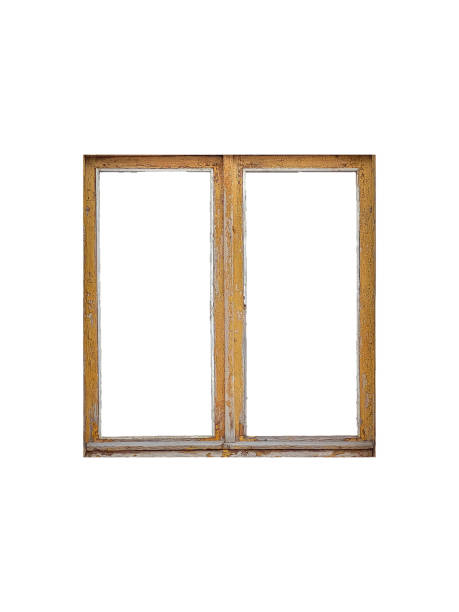 istock Old orange wooden window frame with two sashes is isolated on white background. 1869450516