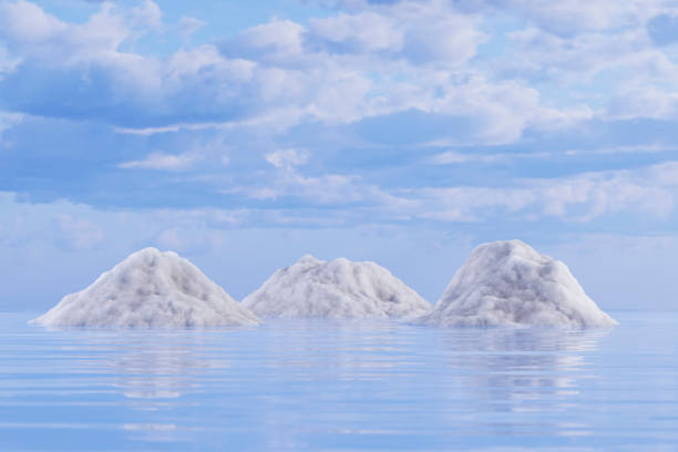 Abstract Winter Landscape Scene, Snowy Mountains over Sea. Icebergs. Digitally generated image. 3d render.