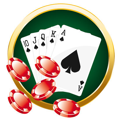 Colorful casino poker composition. Golden illustration. Spades royal flush. HAND DRAWN VECTOR ART.