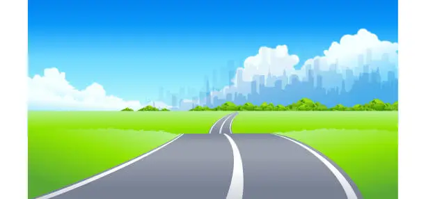 Vector illustration of City Skyline and Road passing through a landscape
