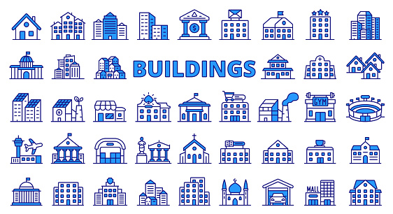 Buildings icons line design blue. House, city, architecture, cityscape, office, bank, hospital, store, factory home vector illustrations Buildings editable stroke icons