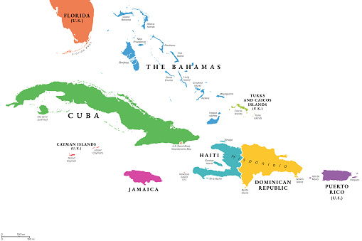 Greater Antilles in the Caribbean, multicolored political map. Grouping of larger islands in the Caribbean Sea, including Cuba, Hispaniola, Puerto Rico, Jamaica, Navassa Island and the Cayman Islands.