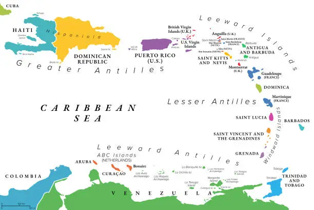 Vector illustration of Lesser Antilles of the Caribbean, multicolored political map