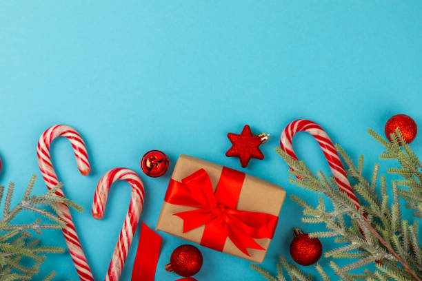 istock Christmas candy. Christmas composition with gifts, Christmas tree decorations on  background. Concept for Christmas and New Year holidays. Winter. Flat lei, top view, copy space. 1869503643
