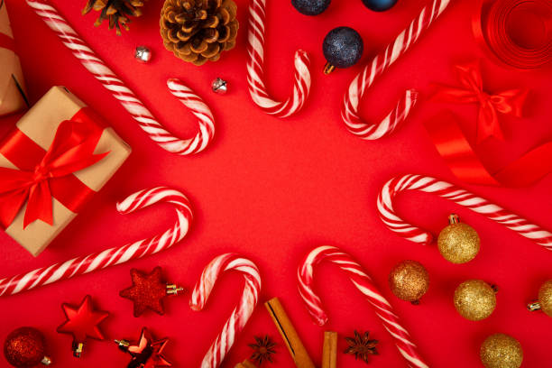 istock Christmas candy. Christmas composition with gifts, Christmas tree decorations on  background. Concept for Christmas and New Year holidays. Winter. Flat lei, top view, copy space. 1869503651