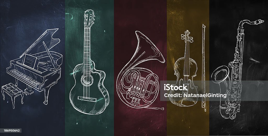 Colorful music background Colorful music background drawing instruments chalk sketching Guitar stock illustration