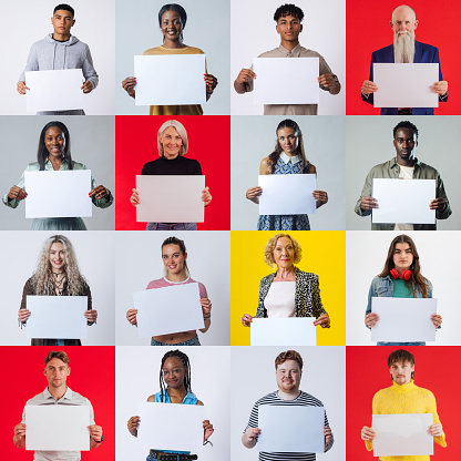 Image montage of a range of people looking at the camera with different expressions on their faces. They are holding a blank sign and standing in front of a studio background.  A mixed group of heterosexual, gay and bisexual individuals from diverse backgrounds.