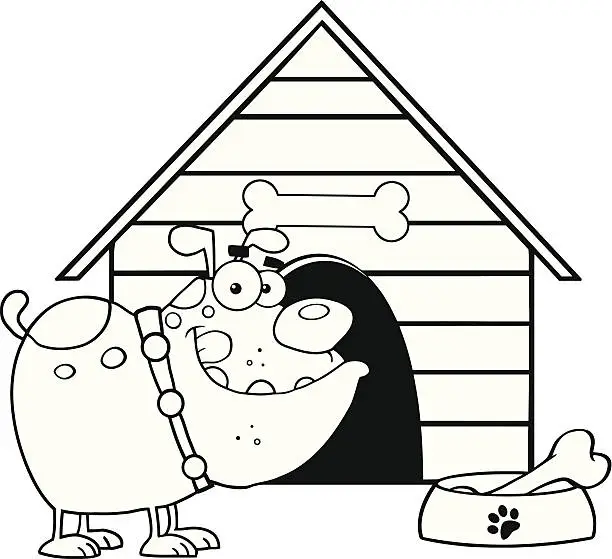 Vector illustration of Black and White Bulldog In Front Of His House