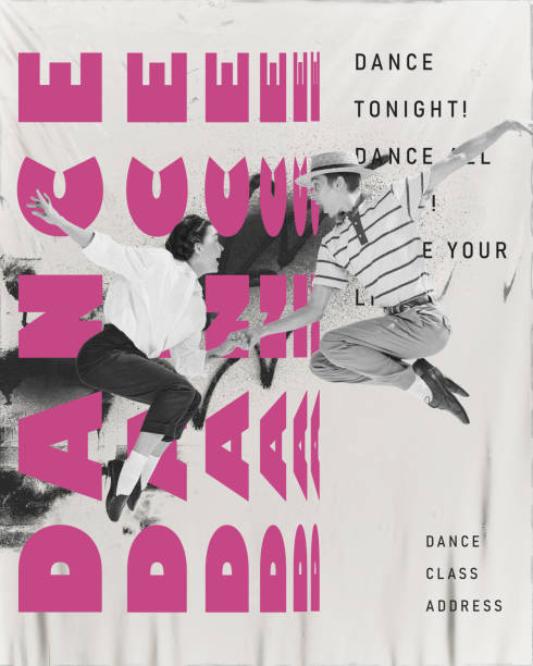 Invitation to dance event. Young people dancing retro dance over light background with information, text. Contemporary art collage. Concept of retro style, entertainment, party. Poster
