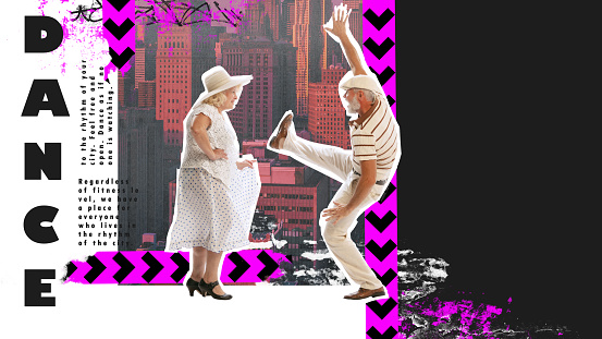 Senior man and woman dancing over city photo background. Dance club invitation. Contemporary art collage. Concept of retro style, dancing activity, social dance, entertainment, party. Poster