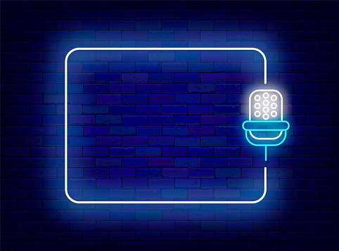 Talk show neon announcement. Live streaming podcast. Microphone and empty white frame. Comic show. Shiny banner for stand up performance. Copy space. Editable stroke. Vector stock illustration