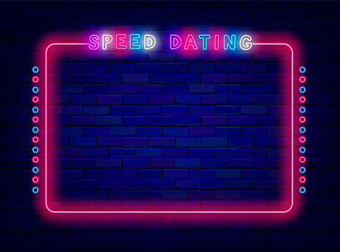Speed dating neon banner. Colorful handwritten text. Copy Space for text. Night show advertising. Romantic meeting. Vintage pink frame. Love searching. Marriage agency. Vector stock illustration