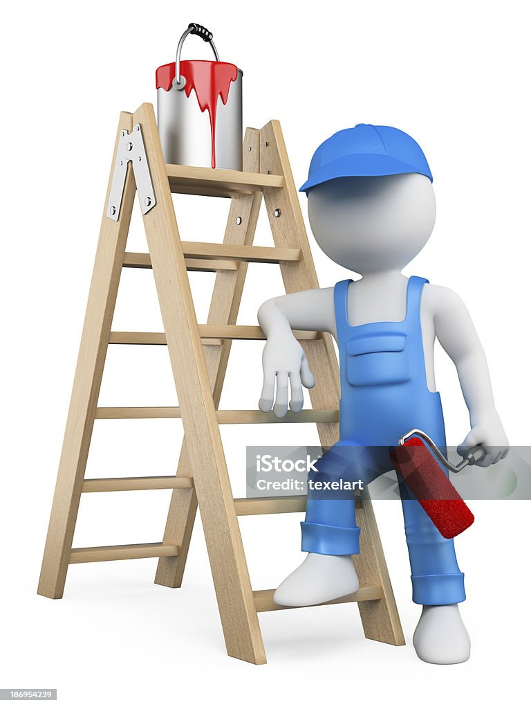 3D white people. Painter with ladder 3d white person painter with ladder and paint roller. Isolated white background. Adult Stock Photo