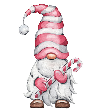 The gnome is holding a lollipop. Christmas. Watercolor illustration