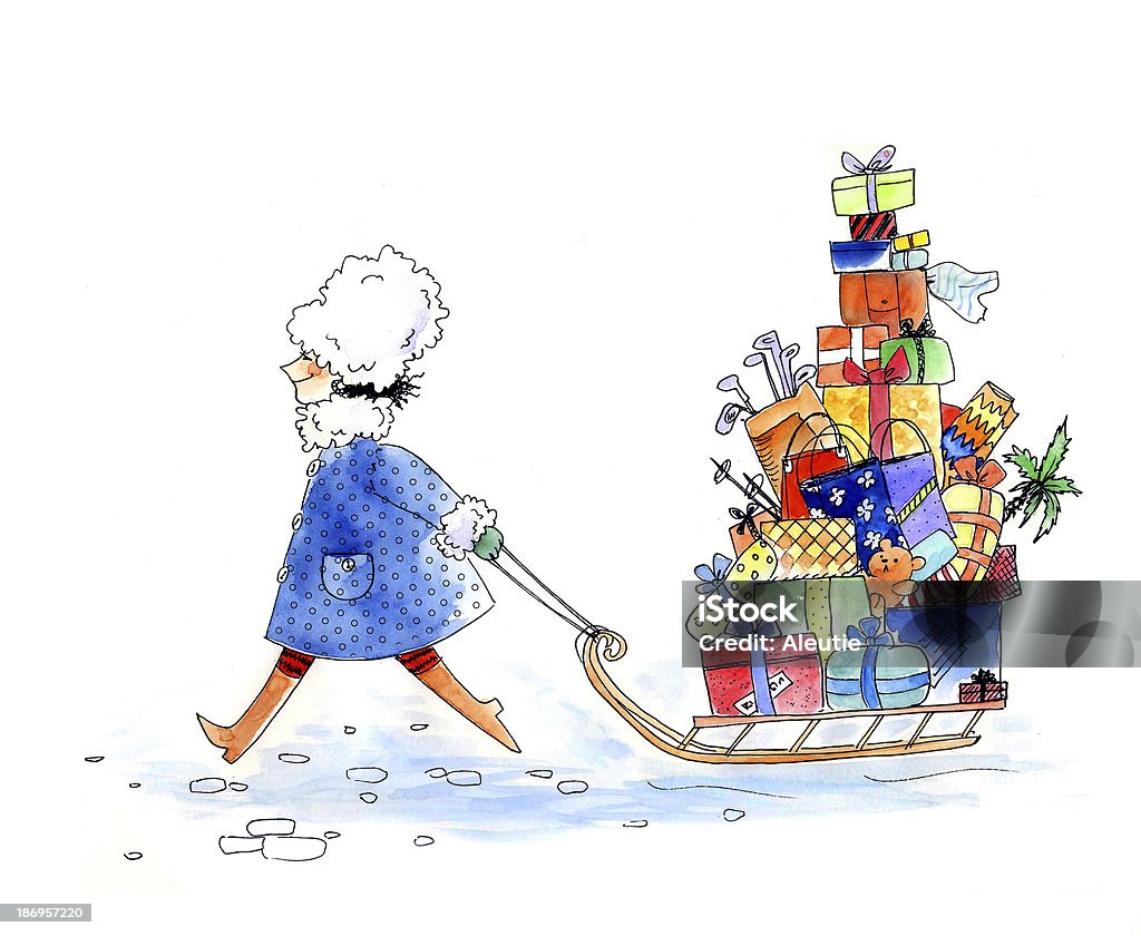 Holiday shopping Ink and watercolor illustration with a cute cartoon woman pulling a sledge, loaded with holiday gifts Adult Stock Photo