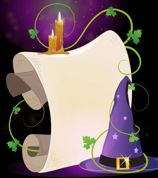 Witch hat and burning candles Witch hat with parchment and burning candles on a dark background. EPS10. Contains transparent objects bewitchment stock illustrations